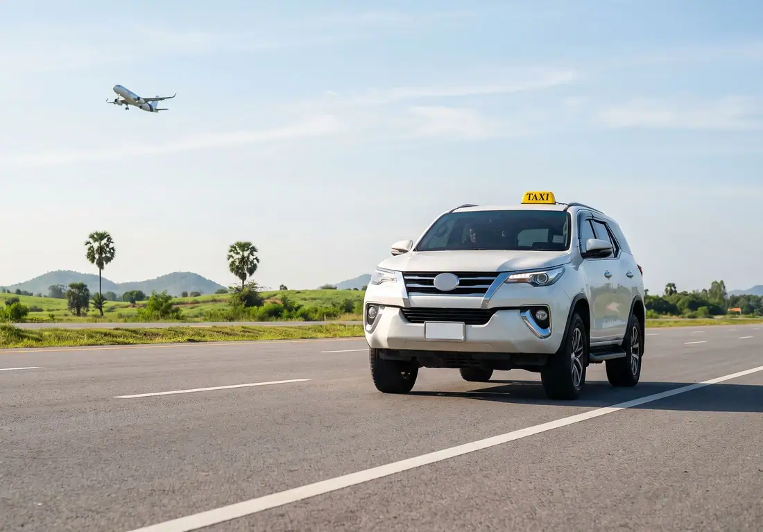 Private taxi SUV with a TAXI roof sign on the motorway to Pattaya, a jet climbing overhead